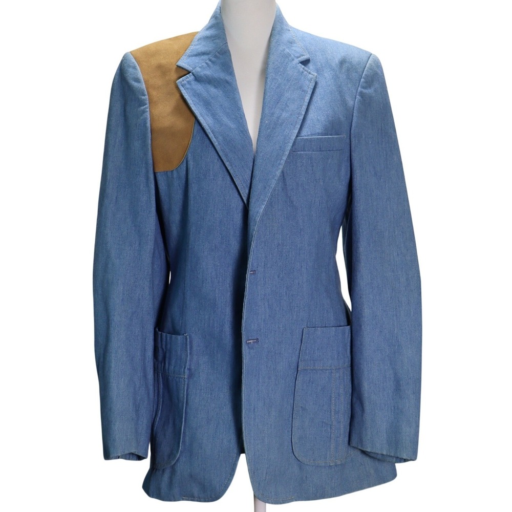 The Gallery Haggar Denim Blazer Casual Fall Blue Tan Patch Retro 38L Grandpa